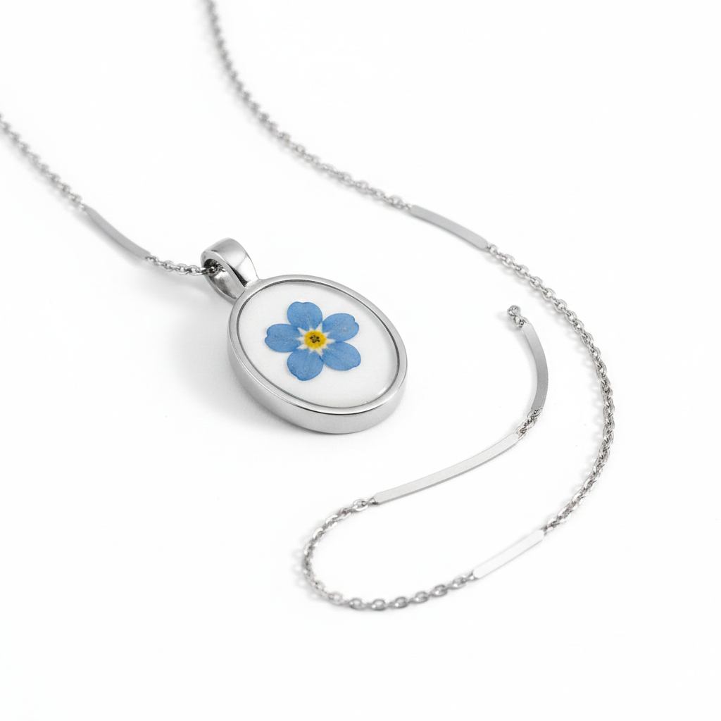 Silver Forget-Me-Not Oval Necklace