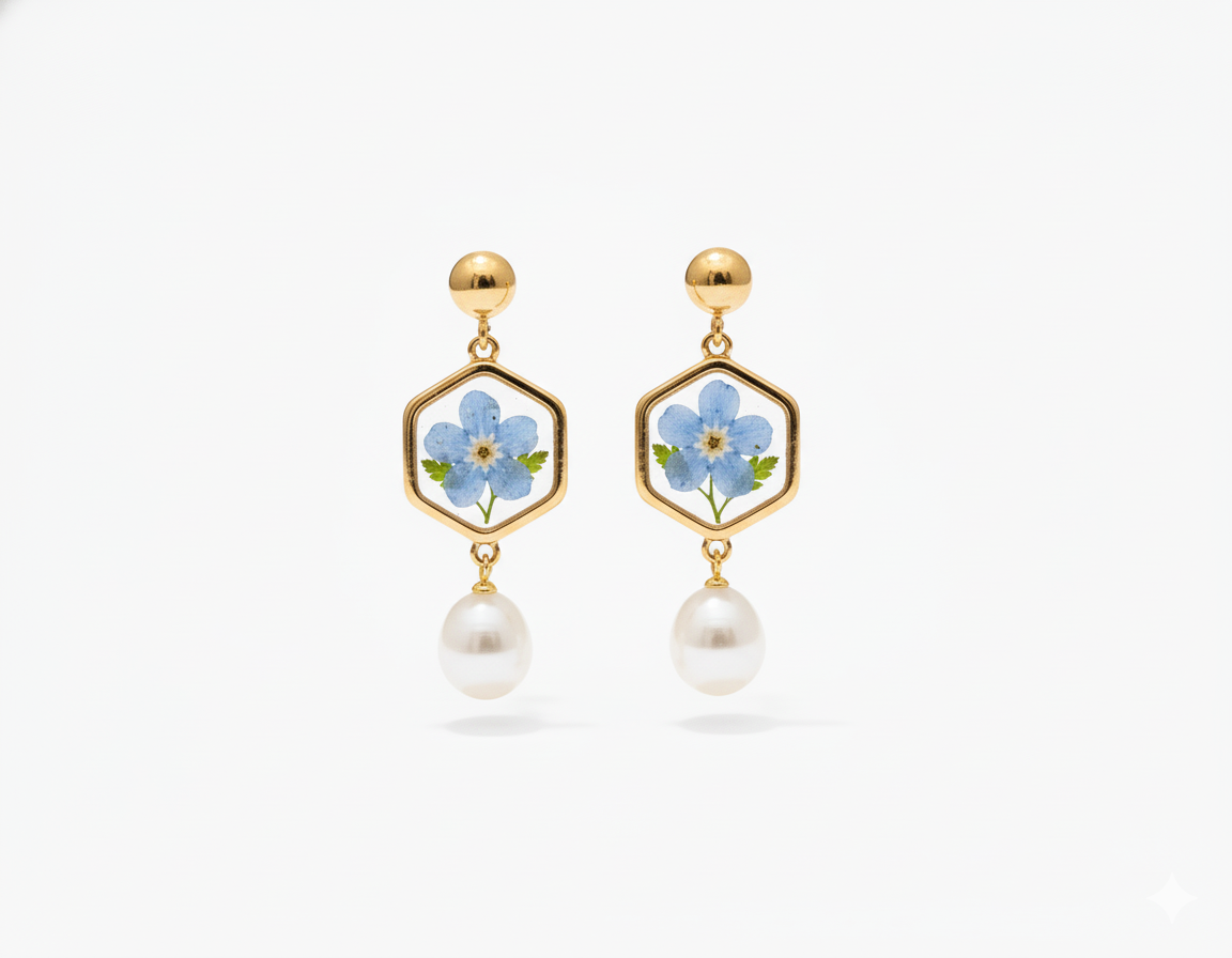 Gold Forget-Me-Not Hexagon & Pearl Earrings