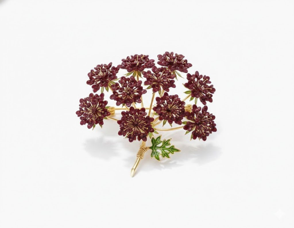 Queen Anne’s Lace Botanical Brooch Pin (Maroon)